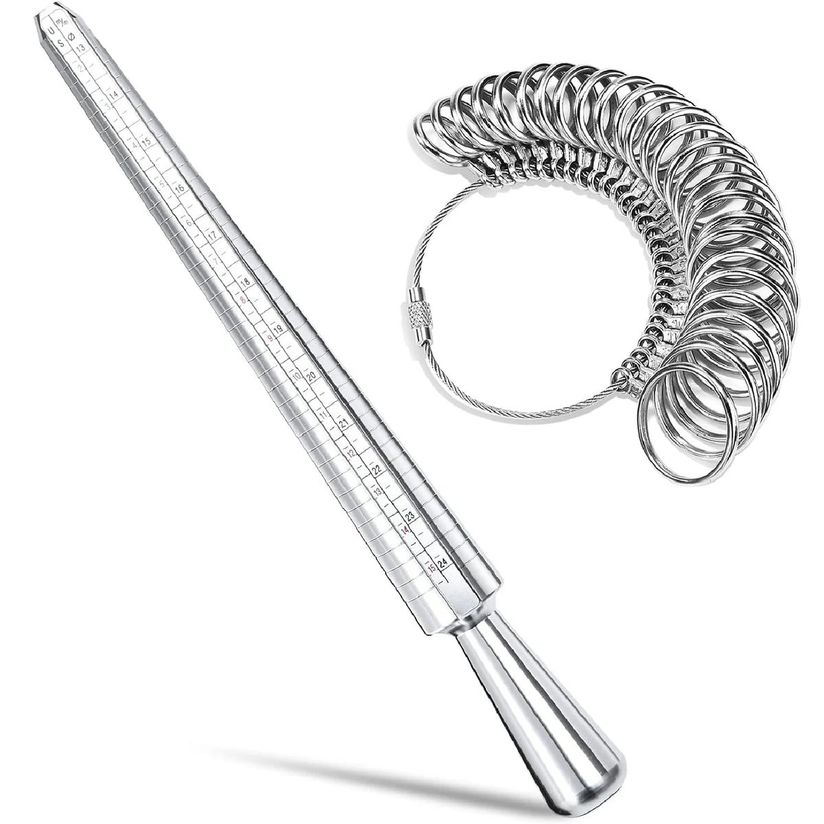 A precision metal ring sizer and mandrel tool kit consisting of a long metal rod and a coiled ring mandrel.