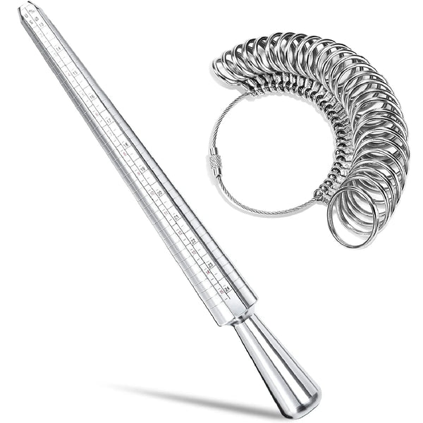 A precision metal ring sizer and mandrel tool kit consisting of a long metal rod and a coiled ring mandrel.