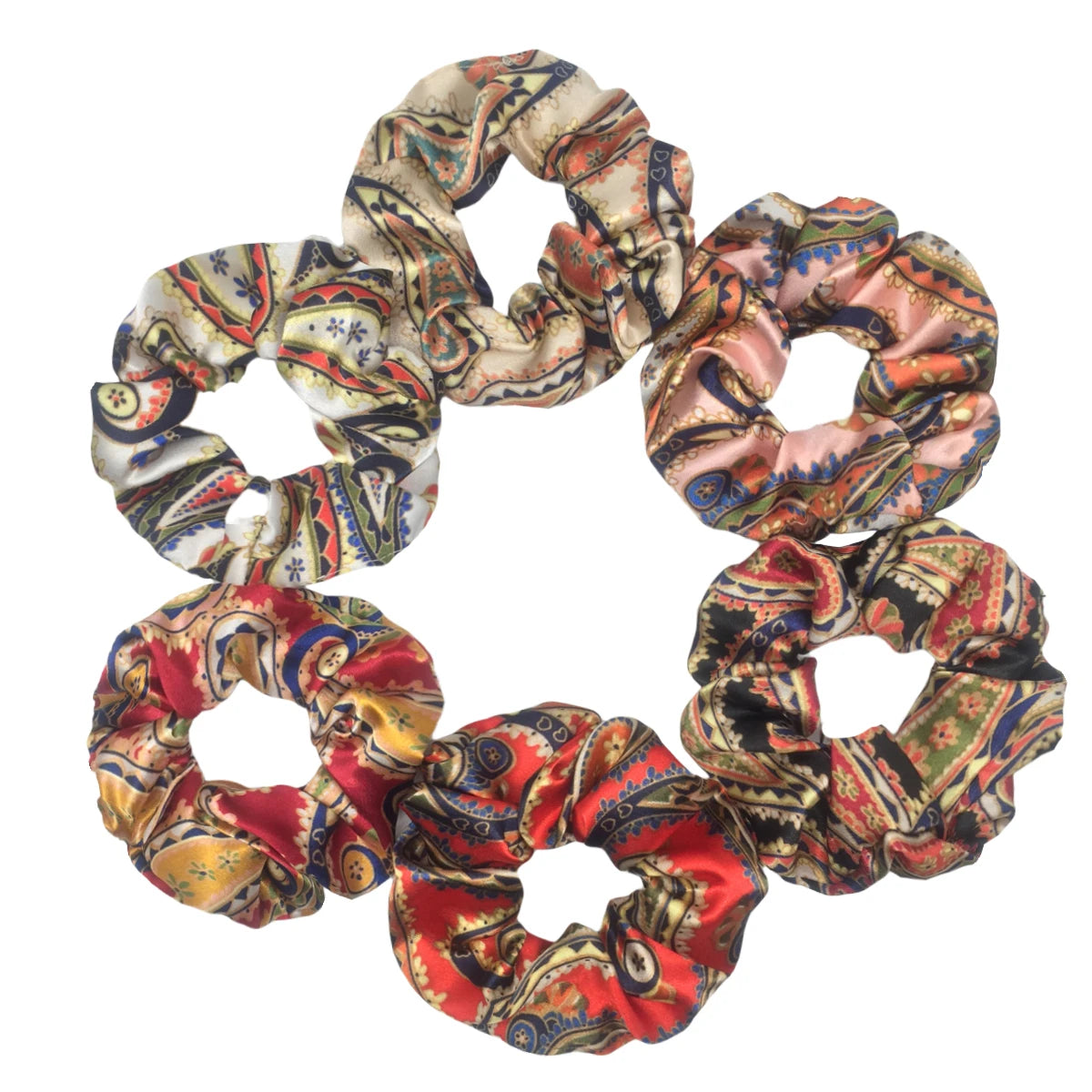 Set of six satin floral print scrunchies for hair in various colors and patterns