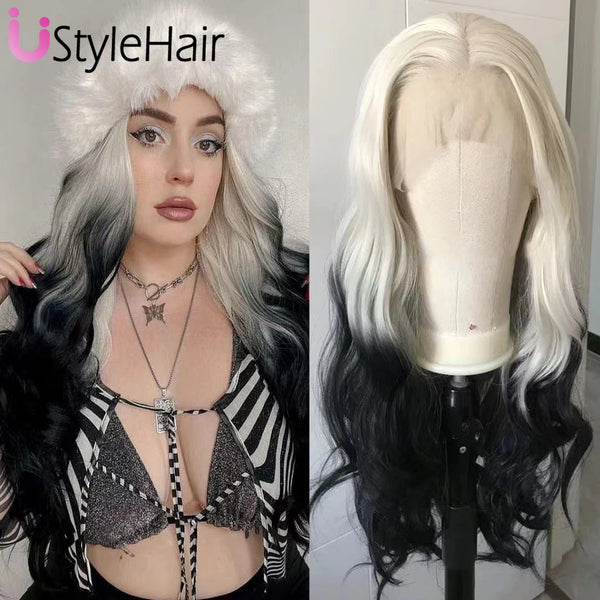 A woman modeling a platinum black body wave wig with blonde roots