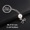Silver keychain featuring a stickman figure and a circular measurement tag.