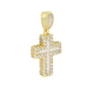 Pendentif de croix glacé doré avec un design détaillé.