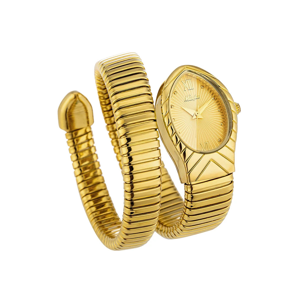 A gold-toned ladies watch featuring a snake design on the strap and a gold-toned case.