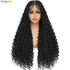 A long, black, curly box braid wig displayed on a mannequin head.