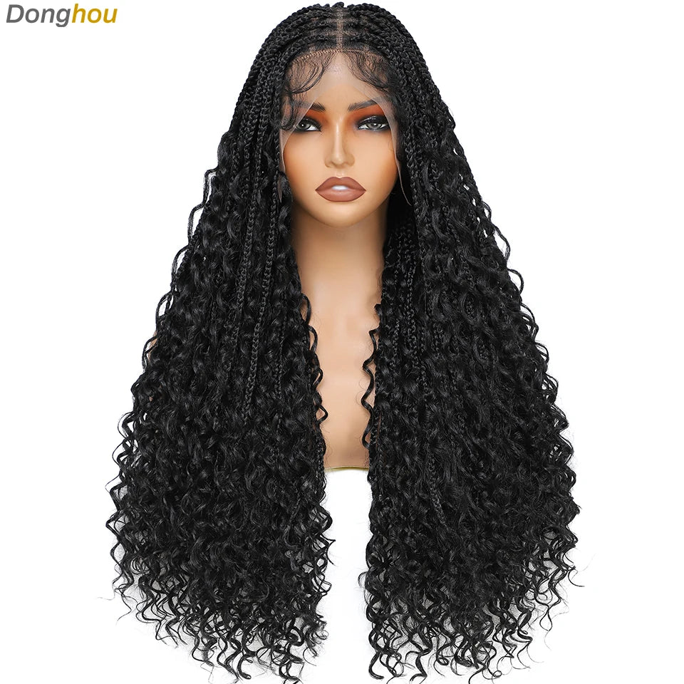 A long, black, curly box braid wig displayed on a mannequin head.