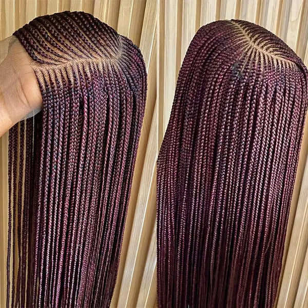 A close-up of a burgundy full lace braided wig showing long, fine braids