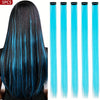 Five pieces of long straight synthetic hair extensions in blue and black shades shown vertically