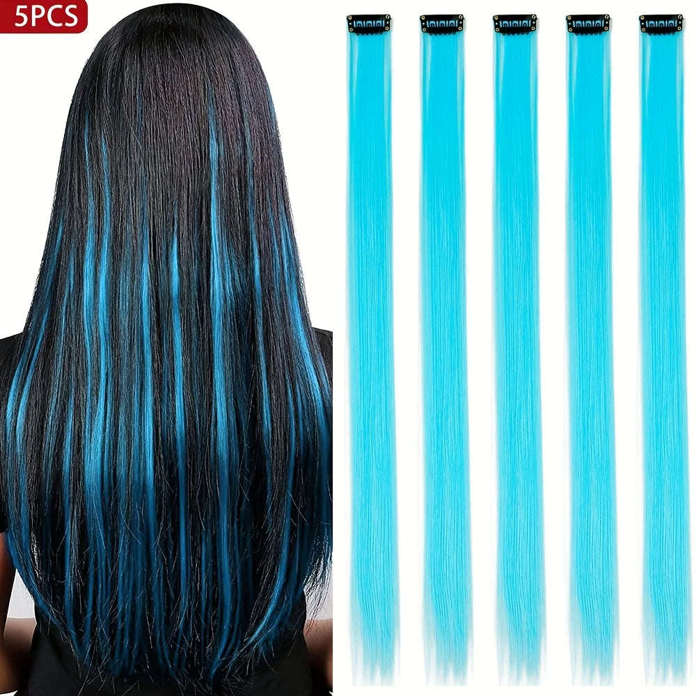 Five pieces of long straight synthetic hair extensions in blue and black shades shown vertically