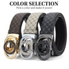 A set of men's luxury faux leather plaid waist belts in brown, beige, and black patterns.