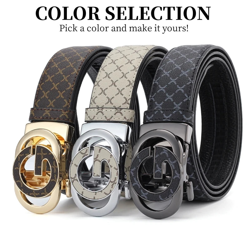 A set of men's luxury faux leather plaid waist belts in brown, beige, and black patterns.
