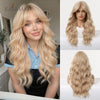 Sandy blonde golden wavy cosplay wig with long bangs displayed on a model