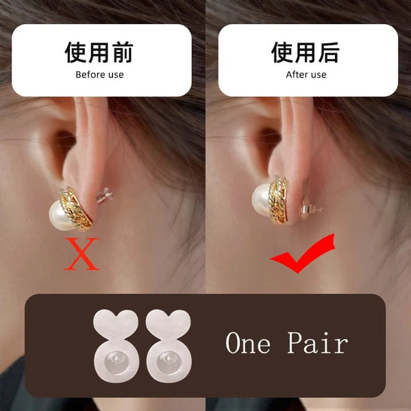 Before and after images showing supportive earring lifters for studs jewelry making