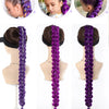 Purple braided hair ponytail with tinsel extensions shown in various styles and lengths.