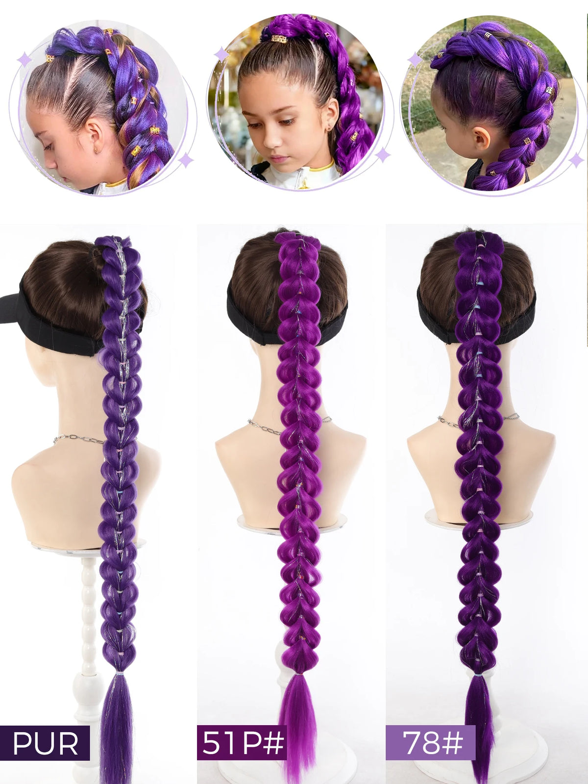 Purple braided hair ponytail with tinsel extensions shown in various styles and lengths.
