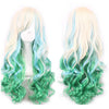 Long wavy synthetic hair wig featuring a rainbow ombre blend of blonde, blue, and green colors