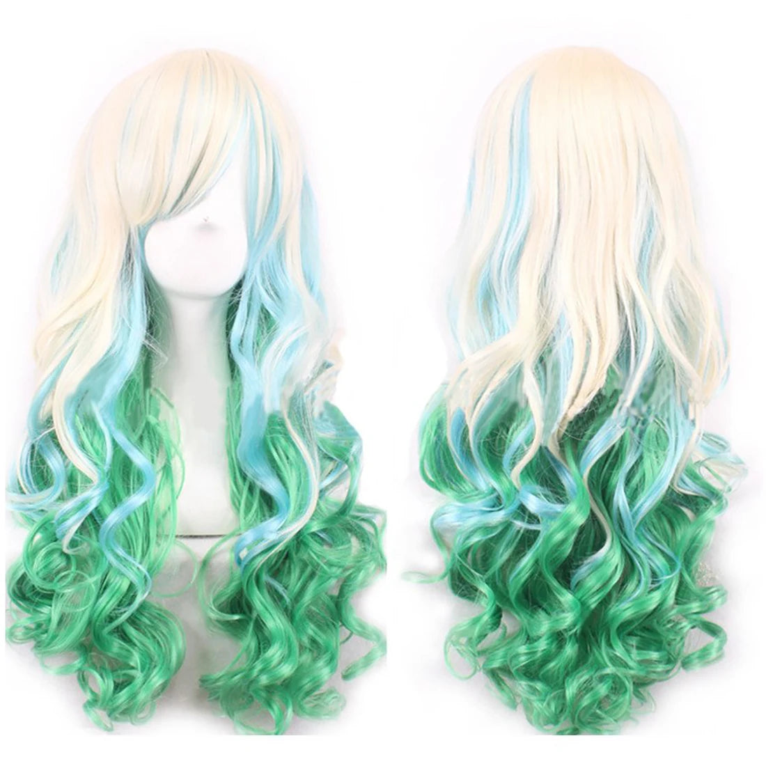 Long wavy synthetic hair wig featuring a rainbow ombre blend of blonde, blue, and green colors