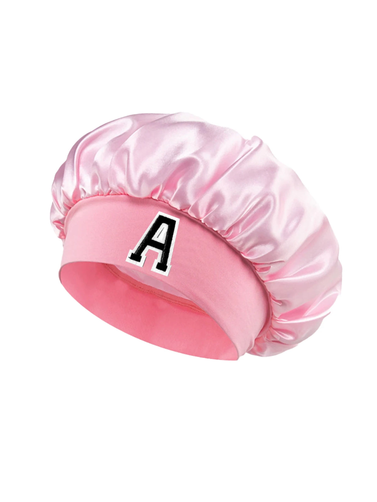 Pink satin hair cap with a letter A print on the front