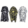 A set of three professional hair cutting and styling aprons featuring black and yellow patterns.