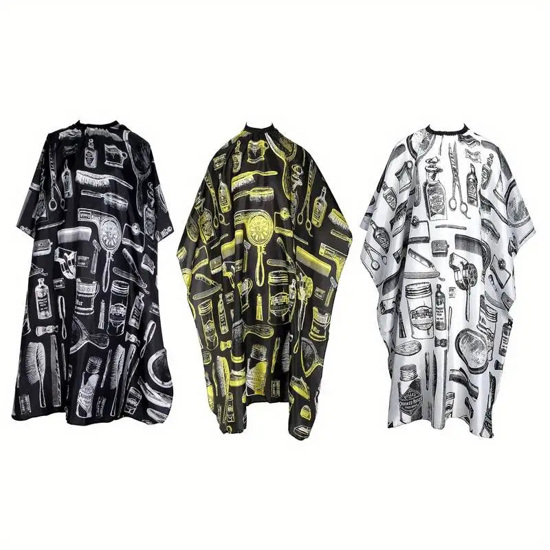 A set of three professional hair cutting and styling aprons featuring black and yellow patterns.