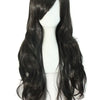 A long, black curly hair extension wig displayed on a mannequin head.
