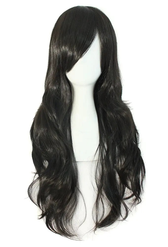 A long, black curly hair extension wig displayed on a mannequin head.