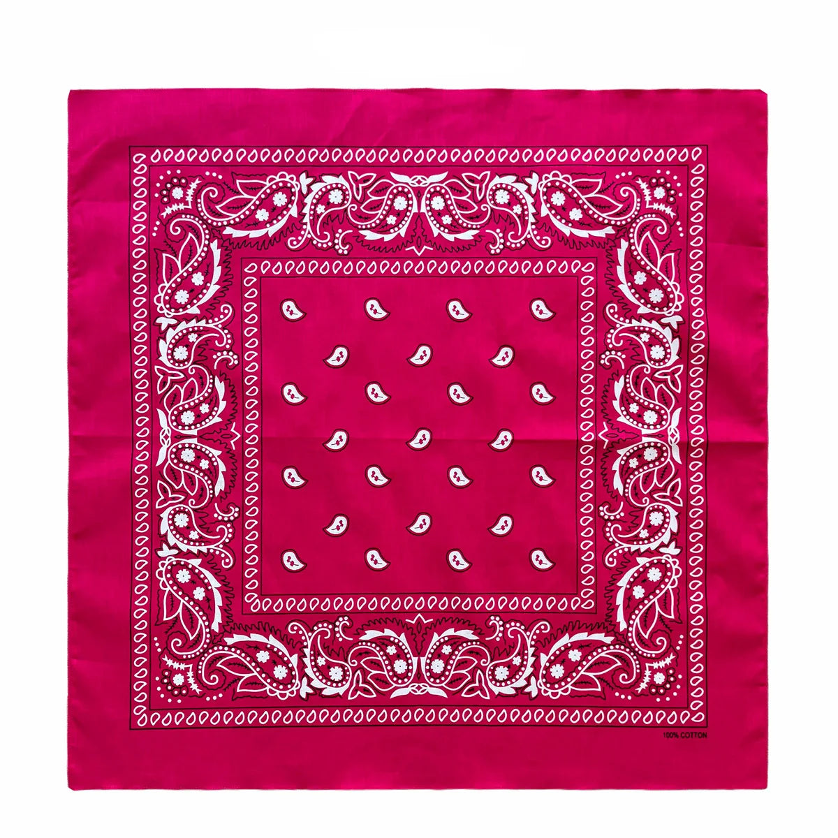 A vibrant magenta bandana scarf featuring intricate white paisley embroidery and geometric patterns.