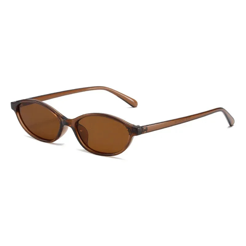 Brown tinted retro oval frame sunglasses with thin metal arms