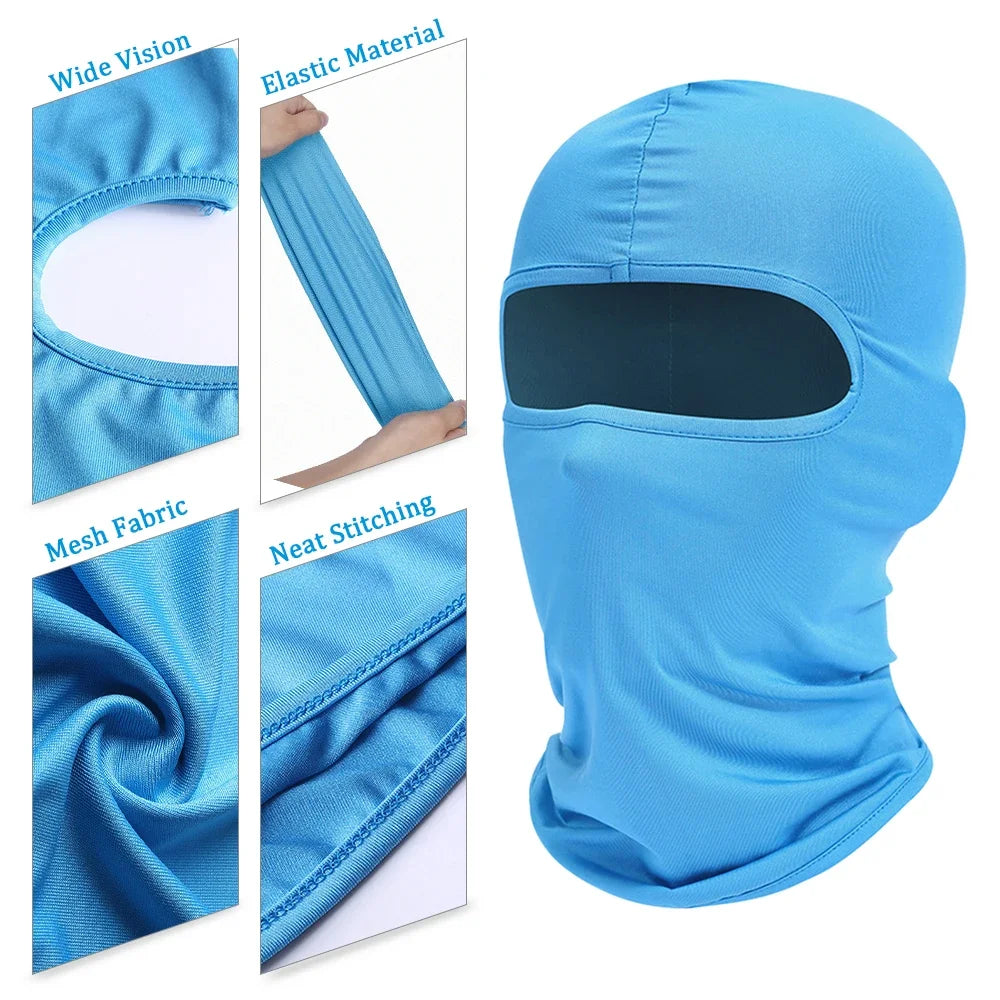 A bright blue all-in-one outdoor balaclava featuring elastic material, mesh fabric, and neat stitching.