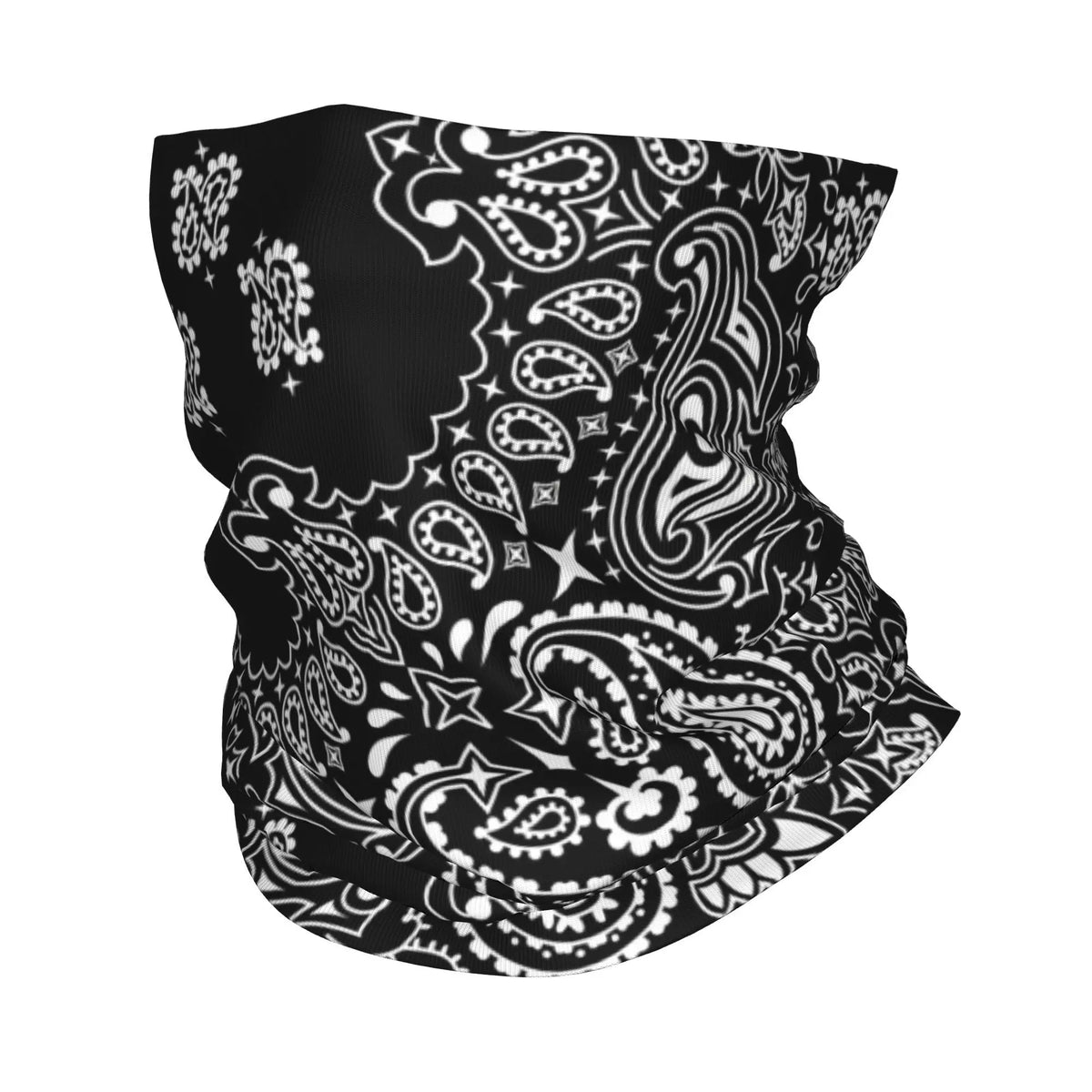 Bandana de cuello estilo chicano en blanco y negro con intrincados patrones paisley