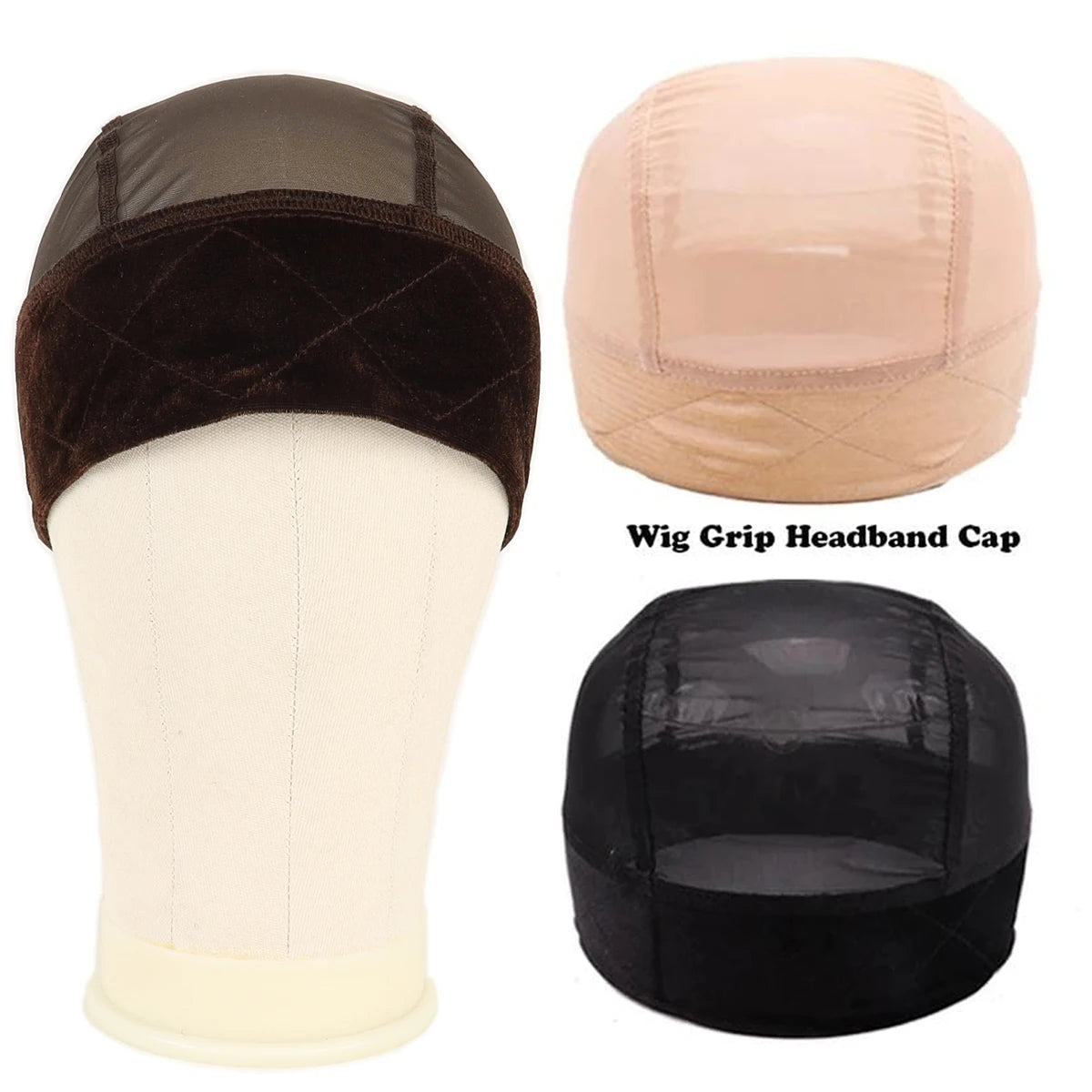 A set of adjustable velvet wig grip headbands in black and pink colors shown on a mannequin head.