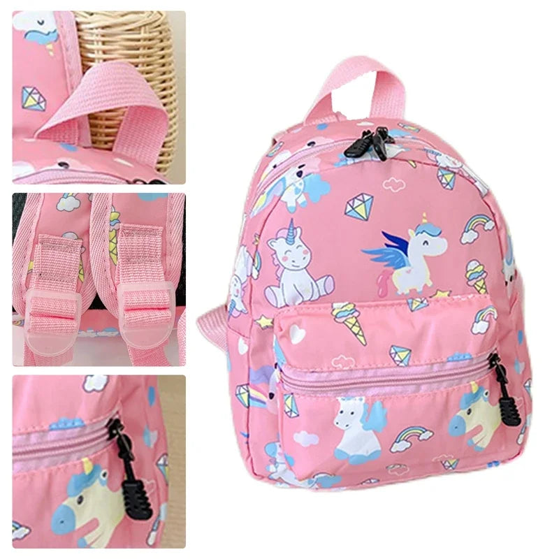 Pink kids backpack featuring a cute dinosaur and unicorn pattern with pink accents.