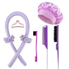A set of purple hair rollers, a pink cap, a purple comb, and a black brush.