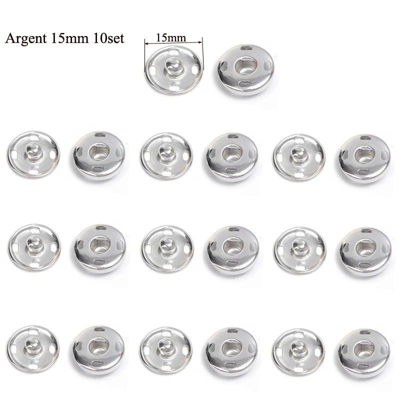 مجموعة من 15 ملم أزرار معدنية فضية لـ DIY الخياطة، معروضة من زوايا مختلفة.