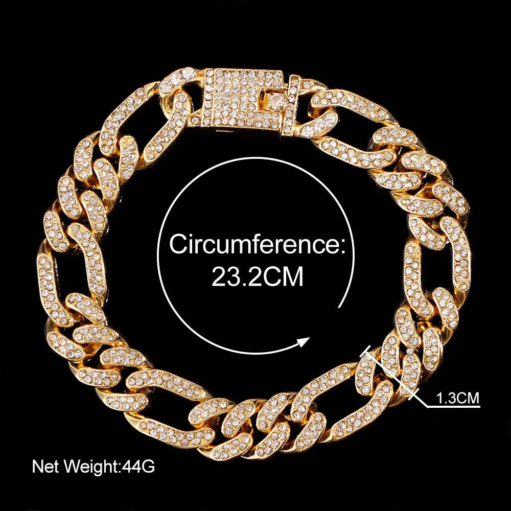 Gold crystal Cuban link anklet bracelet with a textured finish and a 23.2cm circumference.