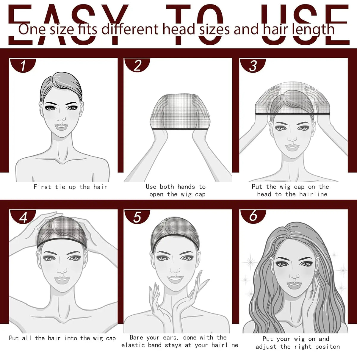 Six steps demonstrating how to use a 2 pack of black nude wig caps for cosplay