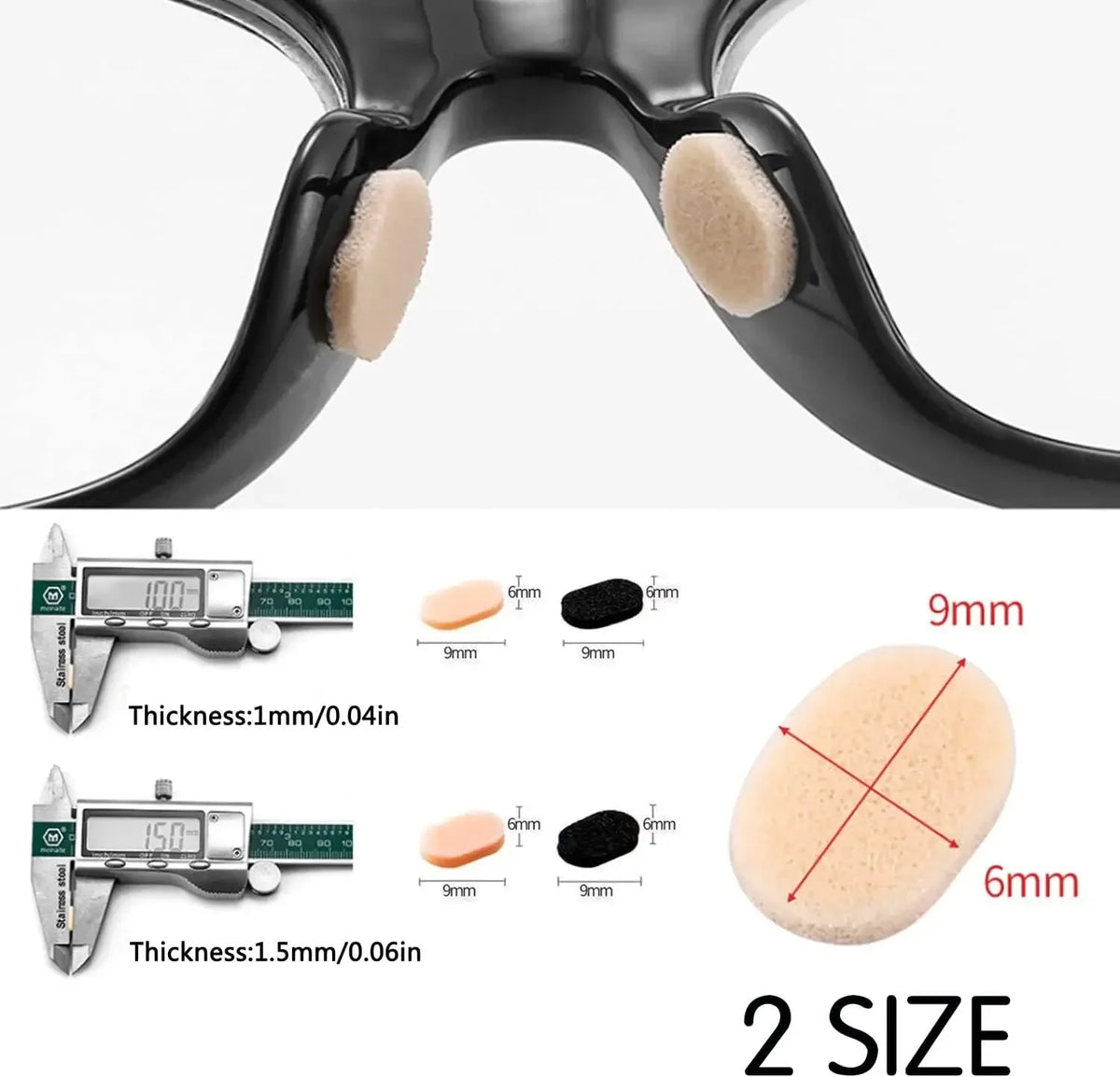 Puntas de silicona beige claro para almohadillas de gafas reutilizables antideslizantes en negro, mostradas en diferentes gro