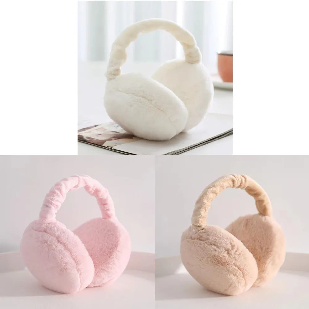A pair of pink plush fur ear warmers or earmuffs shown in different angles.