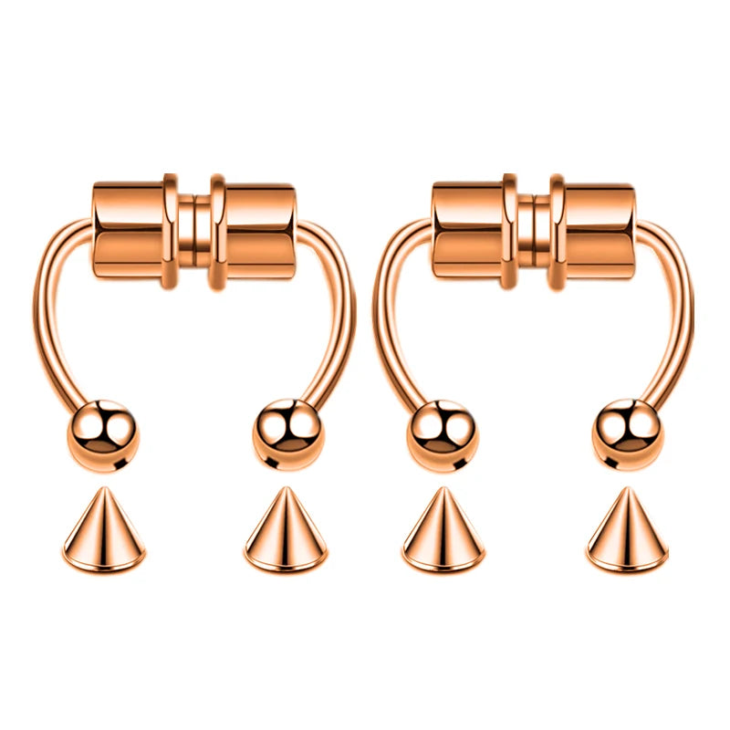 A pair of rose gold fashion statement nose ring hoop jewelry with a stud and a triangle design.