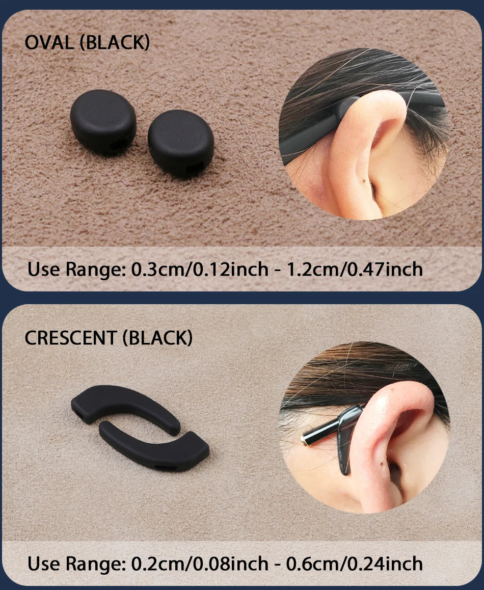 Black oval silicone ear grip hooks and black crescent silicone ear grips shown with usage ranges.