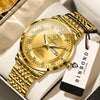 A gold-toned Bindond wristwatch with a leather strap and a white box background.