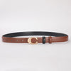 A brown leather belt with a gold C-shaped buckle and a black leather strap.