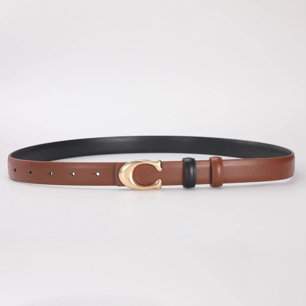 A brown leather belt with a gold C-shaped buckle and a black leather strap.