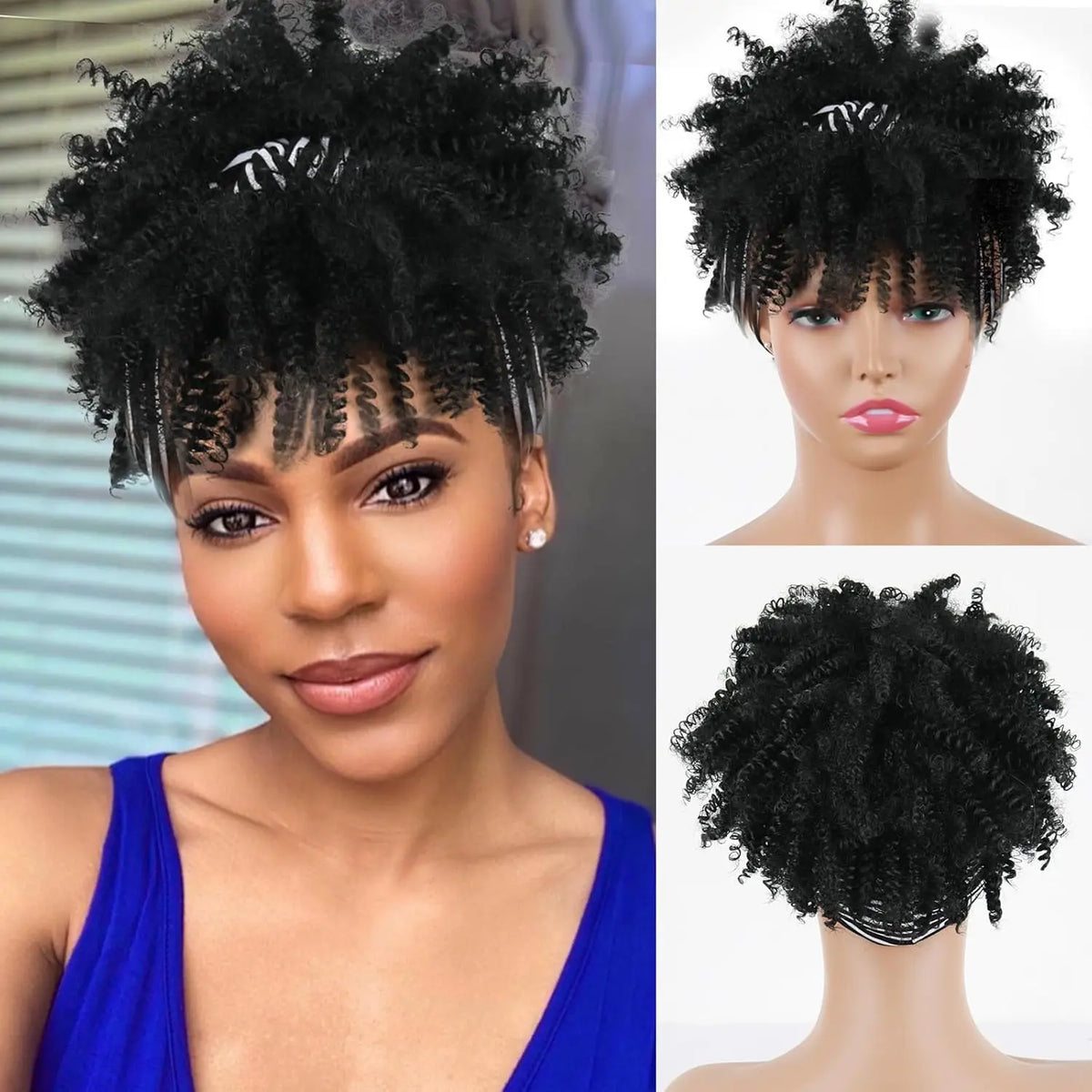 Una mujer modelando una peluca afro rizada y crespa negra con una diadema, vista de cerca y completa.