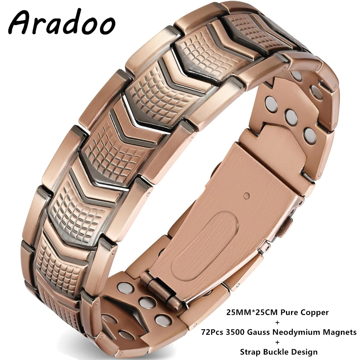A bronze-colored leather strap bracelet featuring a textured metal design and magnetic closures.