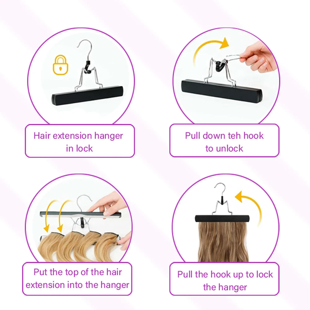 Instructions for using a hair extension hanger to lock and unlock the hanger.