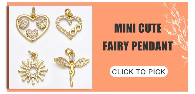Mini cute fairy pendant featuring gold plated charms including a heart, a swirling design, and a sun motif.
