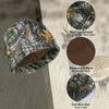 A camouflage thermal beanie shown with close-ups of the fabric texture and sizing information.