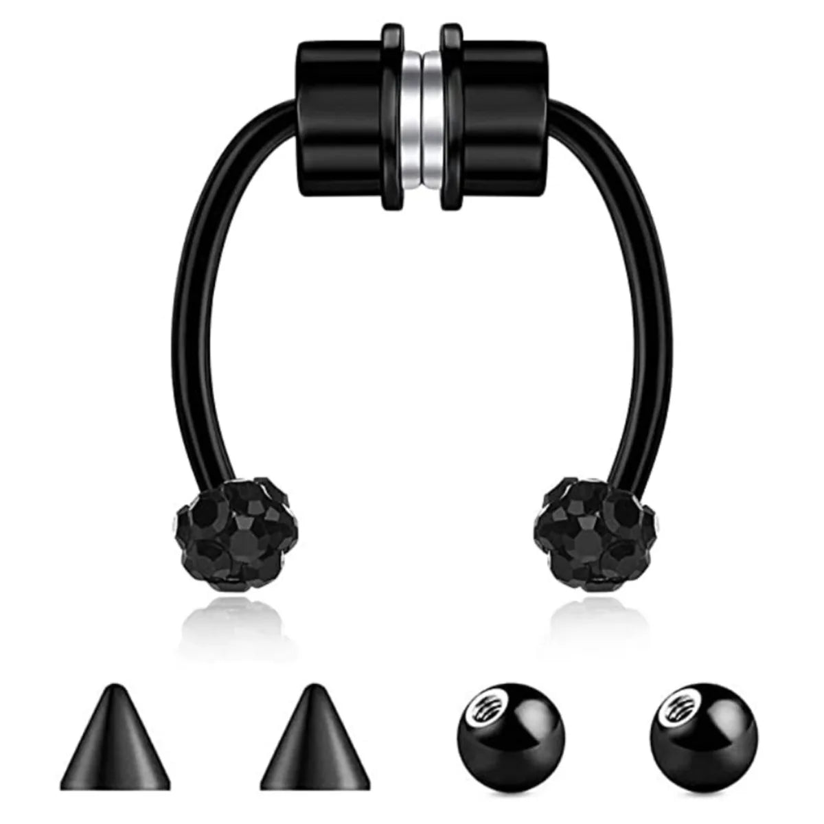 A set of black stainless steel nose ring hoops and a conical nose piercing tool.