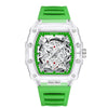 A green and clear quartz watch with a luminous calendar face and a green strap.