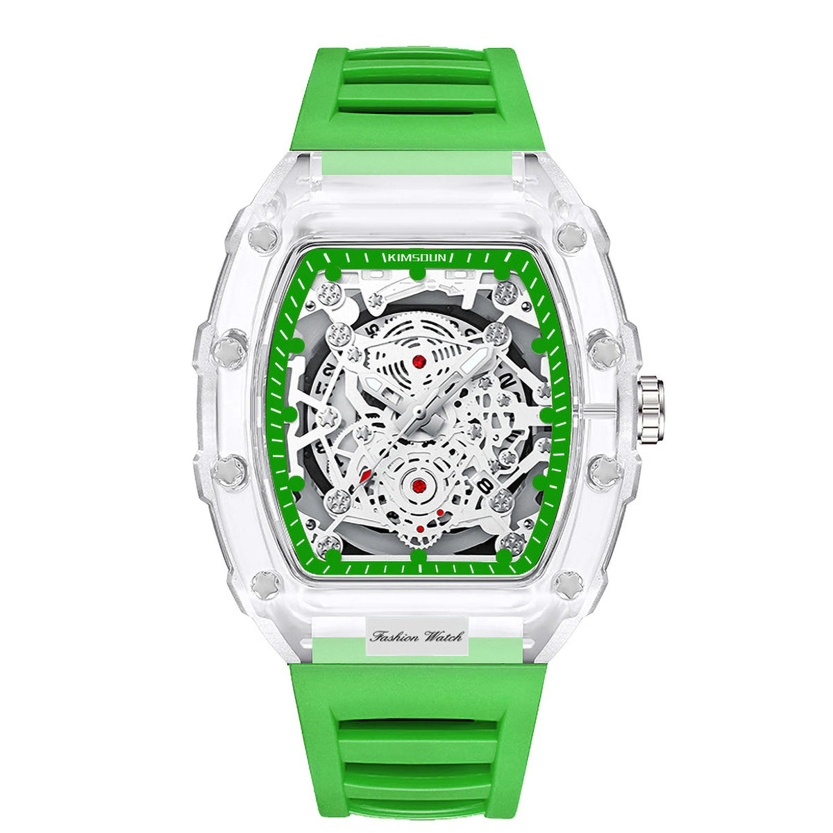 A green and clear quartz watch with a luminous calendar face and a green strap.